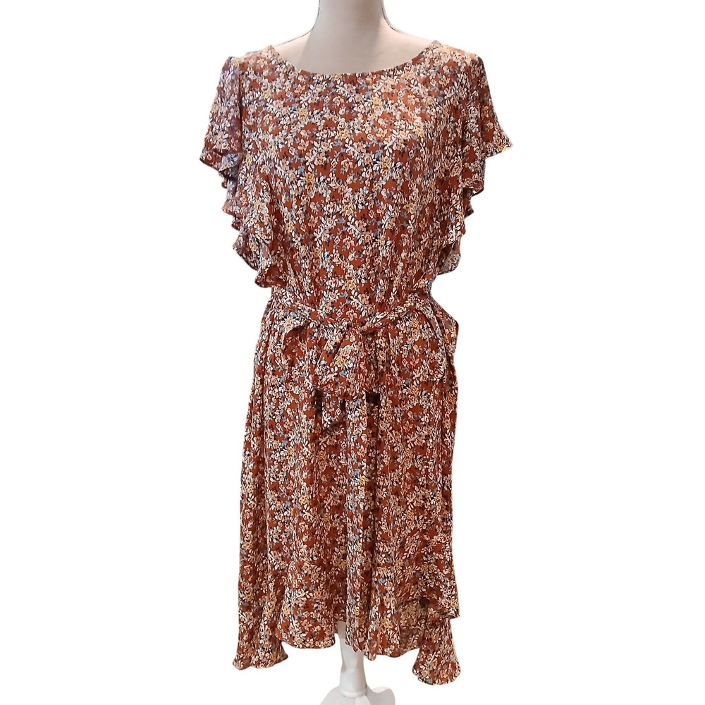 Max Studio Womens 1X Floral Ruffle Flutter Sleeve Faux Wrap Midi Hi Lo Dress